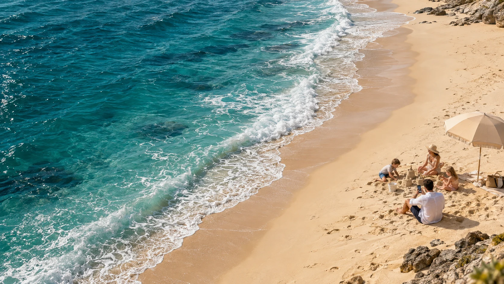Illustrated coastal lifestyle scene with surf and sand.